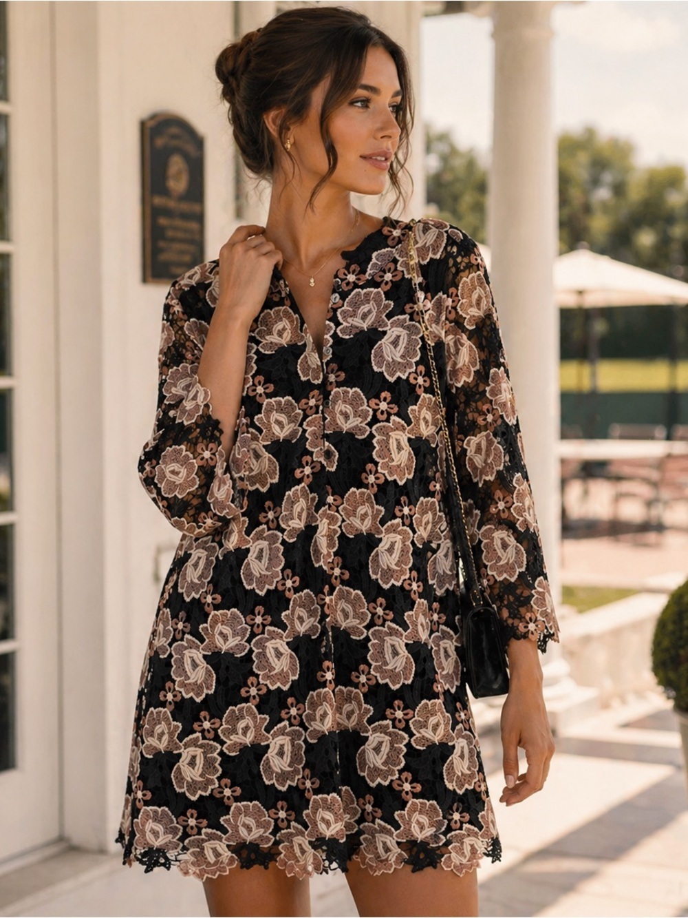 J. Marie Black Mini Dress with Beige Floral Lace Embroidery NWT